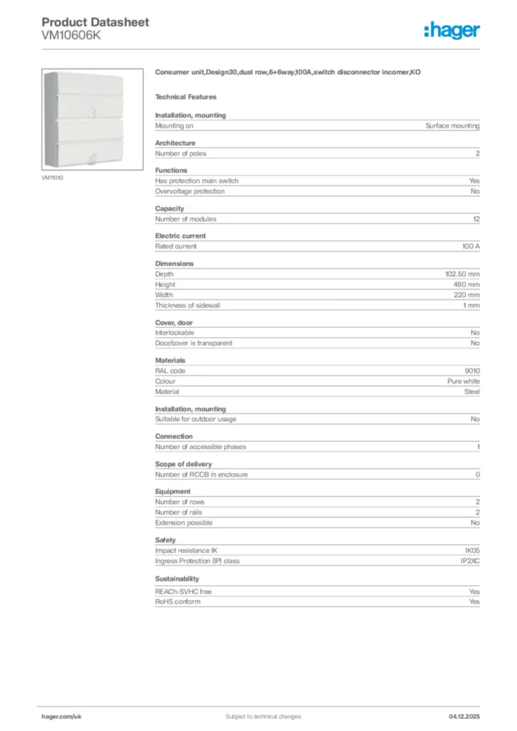 Image Hager Product data sheet VM10606K  | Hager