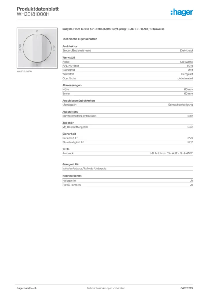 Bild Hager Produktdatenblatt WH20181000H | Hager Schweiz
