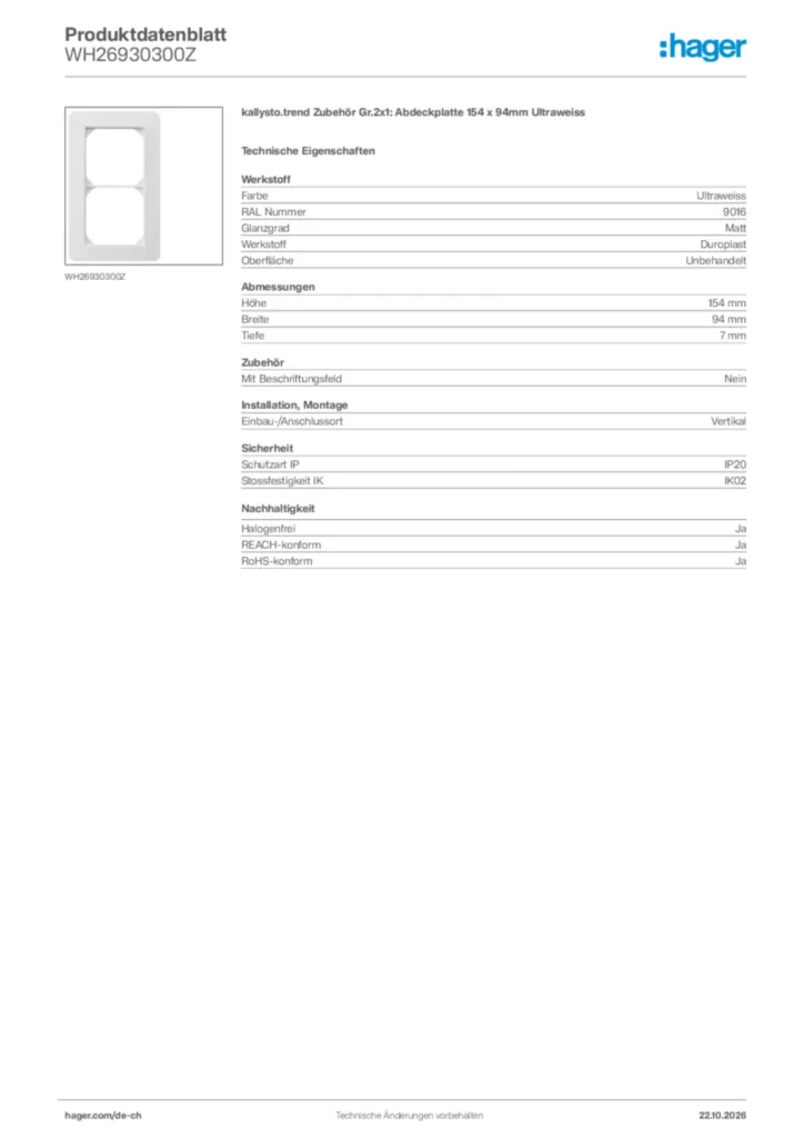 Bild Hager Produktdatenblatt WH26930300Z | Hager Schweiz