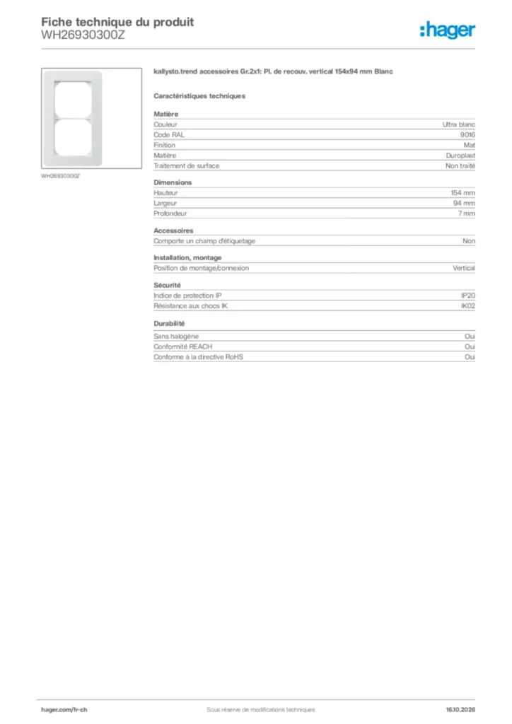 Image Hager Fiche technique du produit WH26930300Z | Hager Suisse