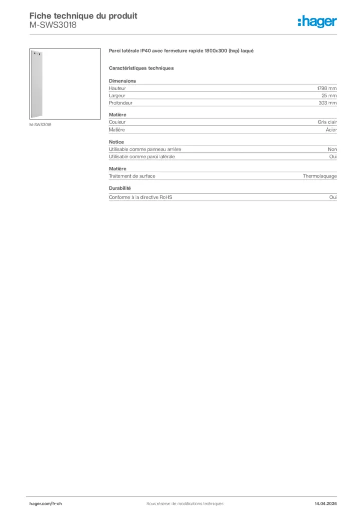 Image Hager Fiche technique du produit M-SWS3018 | Hager Suisse