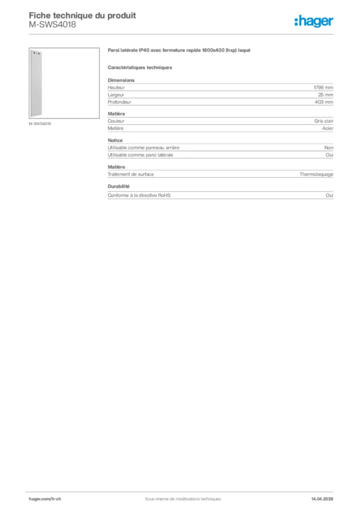 Image Hager Fiche technique du produit M-SWS4018 | Hager Suisse