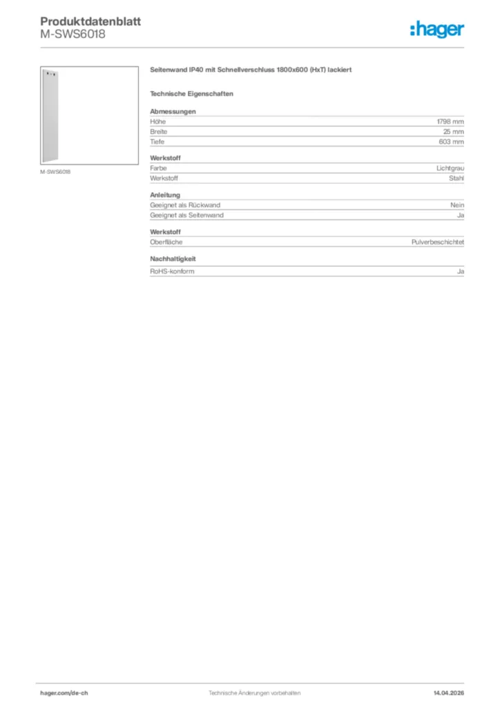 Bild Hager Produktdatenblatt M-SWS6018 | Hager Schweiz