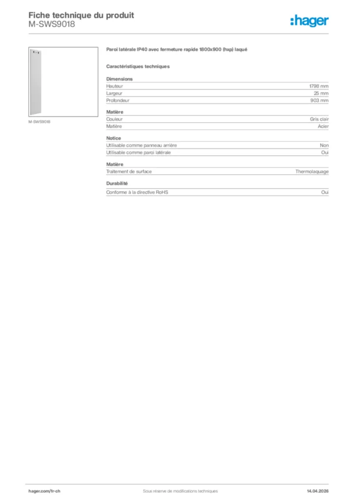 Image Hager Fiche technique du produit M-SWS9018 | Hager Suisse