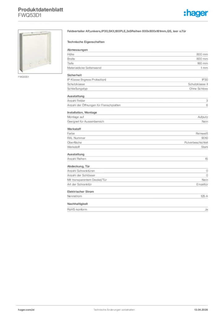 Bild Hager Produktdatenblatt FWQ53D1 | Hager Deutschland