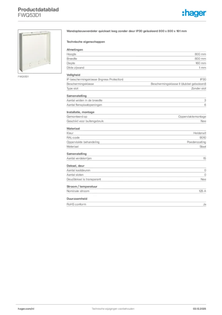 Afbeelding Hager Productdatablad FWQ53D1 | Hager Nederland