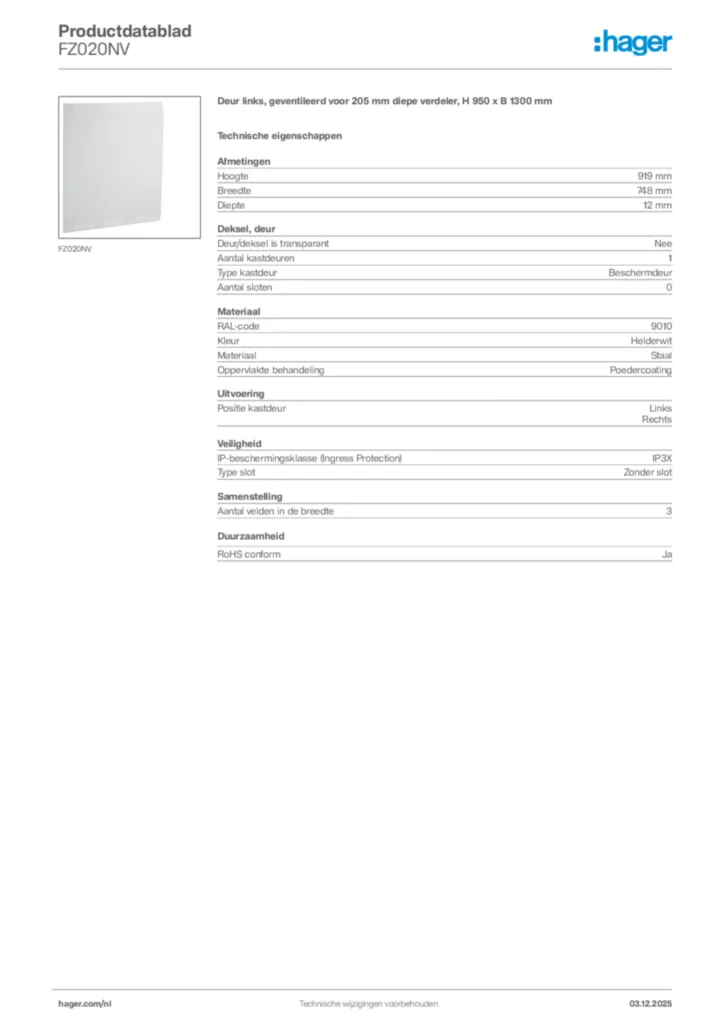 Afbeelding Hager Productdatablad FZ020NV | Hager Nederland