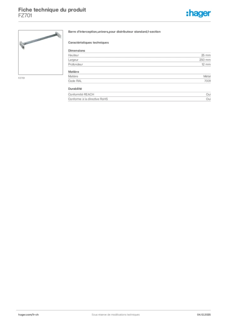 Image Hager Fiche technique du produit FZ701 | Hager Suisse