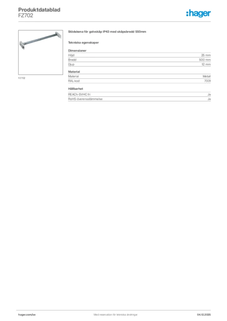 Bild Hager Produktdatablad FZ702 | Hager Sverige