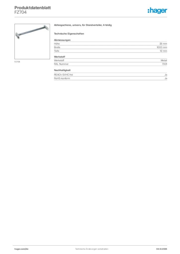 Hager Produktdatenblatt FZ704