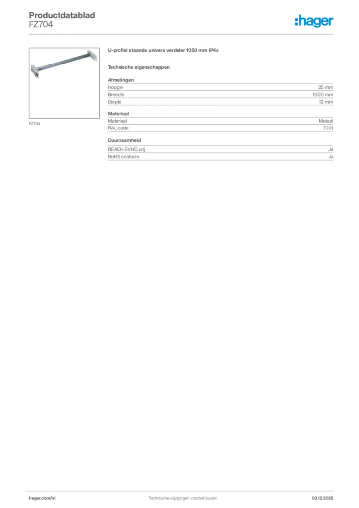 Afbeelding Hager Productdatablad FZ704 | Hager Nederland