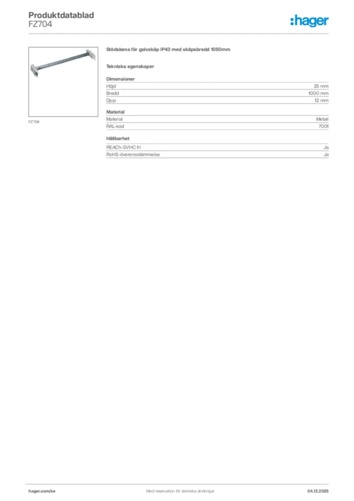 Bild Hager Produktdatablad FZ704 | Hager Sverige