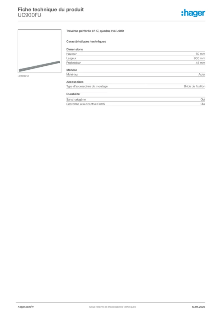 Image Hager Fiche technique du produit UC900FU | Hager France