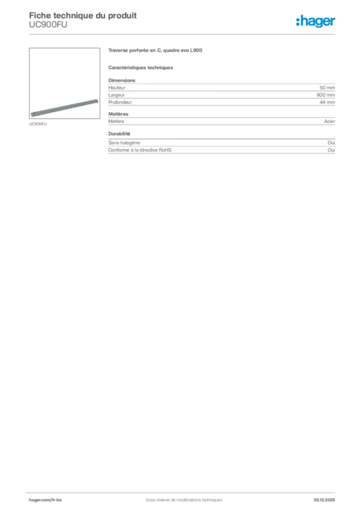 Image Hager Fiche technique du produit UC900FU | Hager Belgique