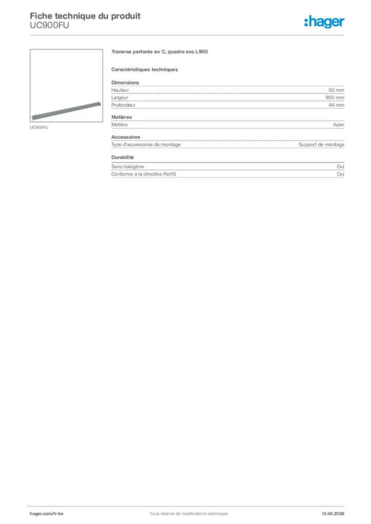 Image Hager Fiche technique du produit UC900FU | Hager Belgique