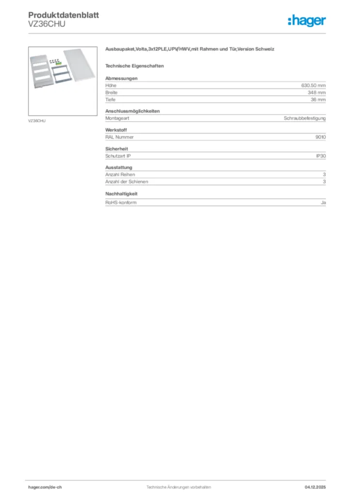 Bild Hager Produktdatenblatt VZ36CHU | Hager Schweiz