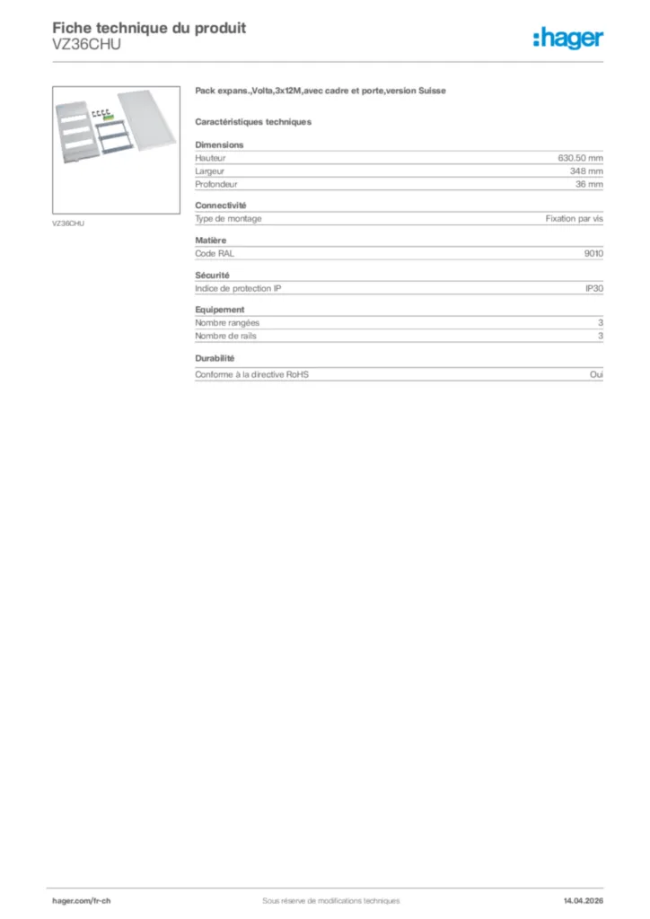 Image Hager Fiche technique du produit VZ36CHU | Hager Suisse
