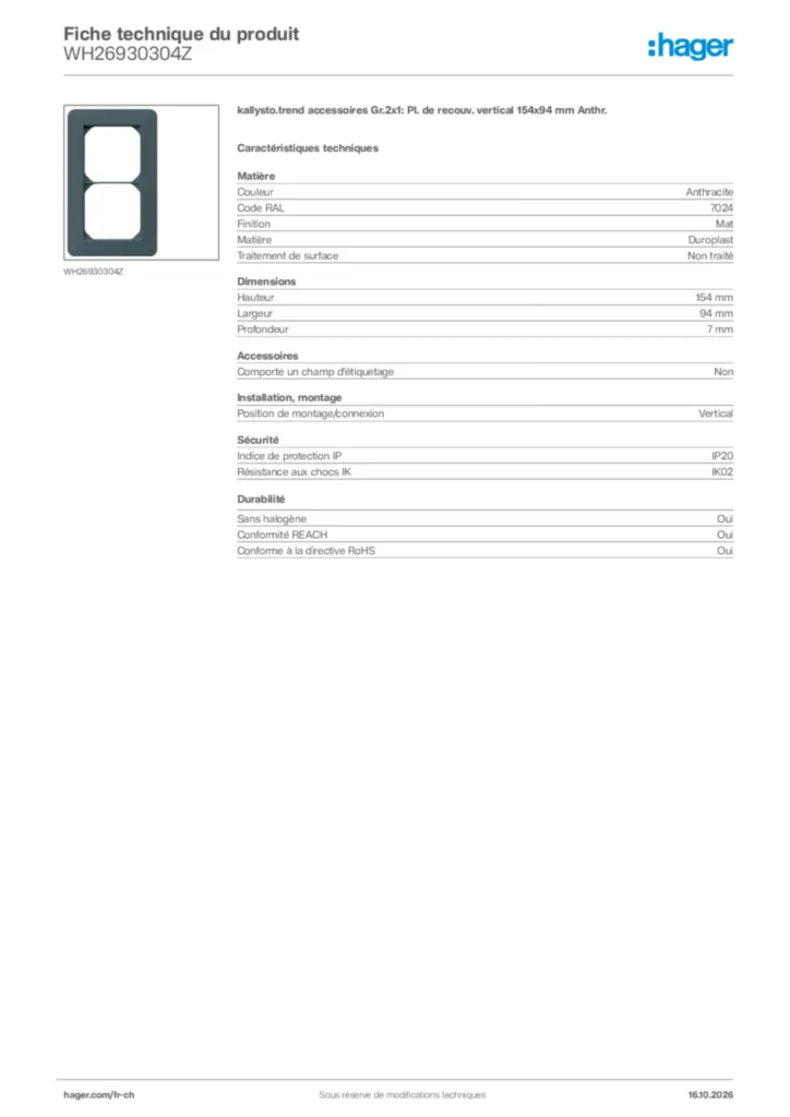 Image Hager Fiche technique du produit WH26930304Z | Hager Suisse