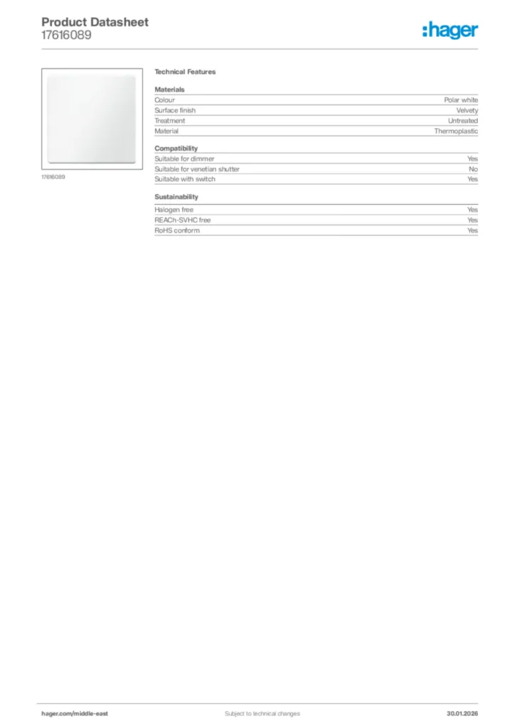 Image Hager Product data sheet 17616089  | Hager