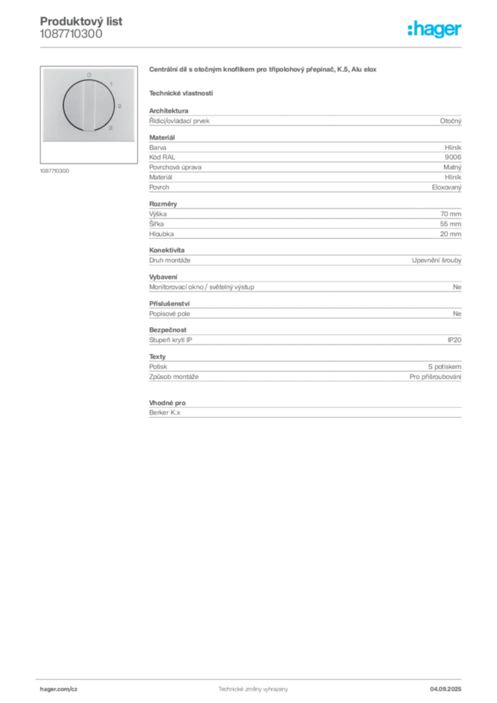 Obrázek Hager Produktový list 1087710300 | Hager