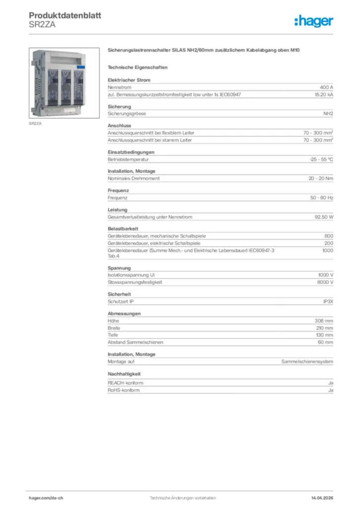 Bild Hager Produktdatenblatt SR2ZA | Hager Schweiz