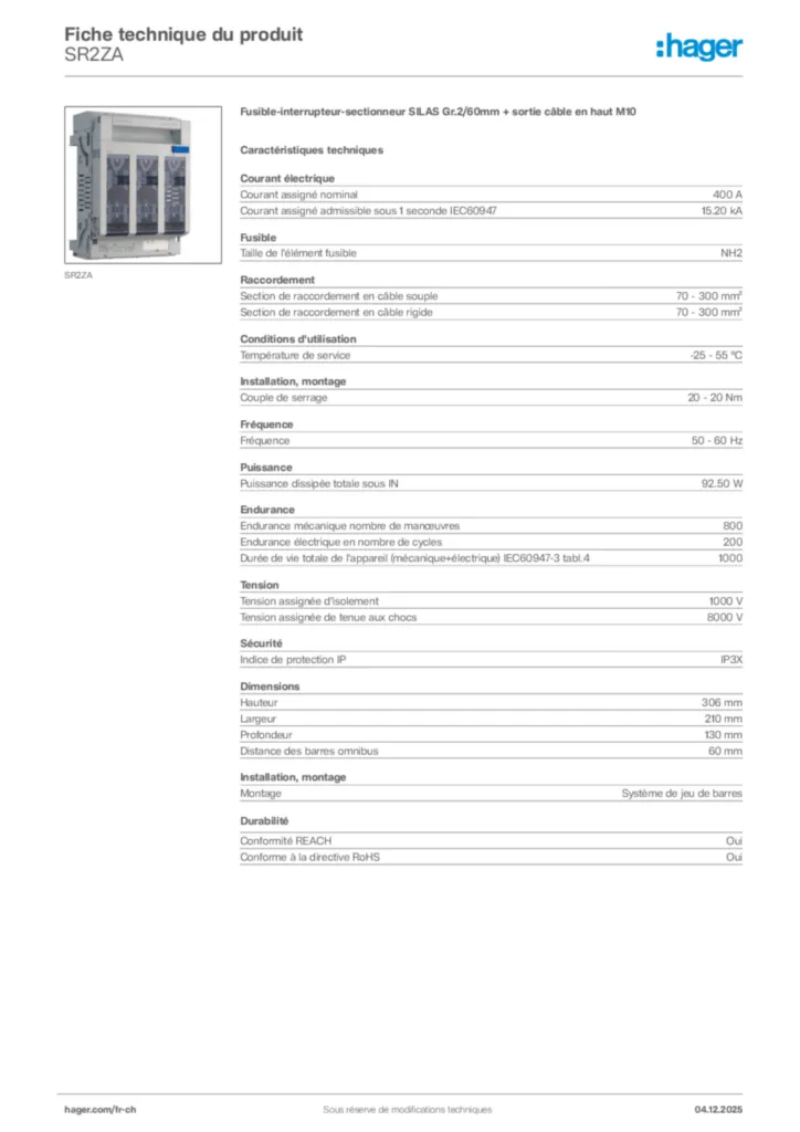 Image Hager Fiche technique du produit SR2ZA | Hager Suisse