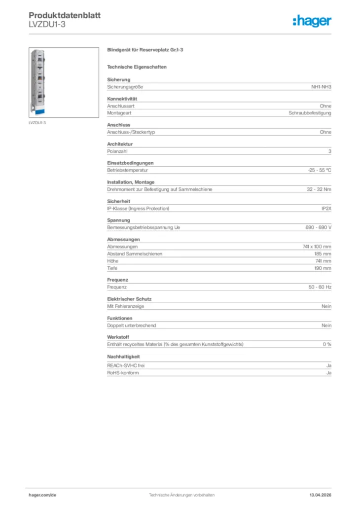Bild Hager Produktdatenblatt LVZDU1-3 | Hager Deutschland