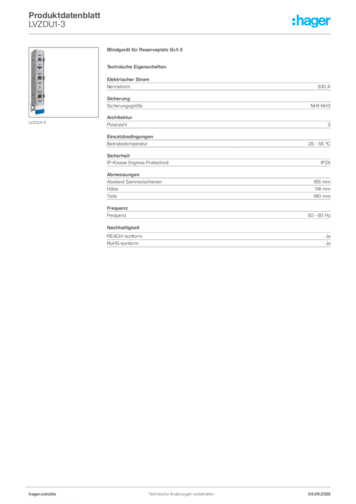 Bild Hager Produktdatenblatt LVZDU1-3 | Hager Deutschland