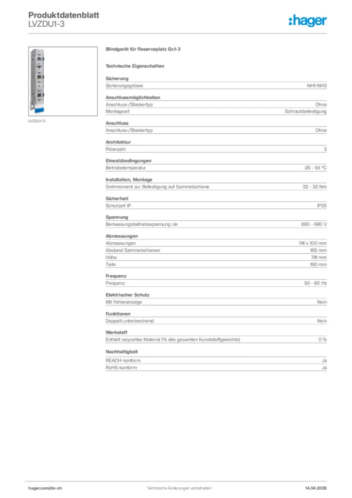 Bild Hager Produktdatenblatt LVZDU1-3 | Hager Schweiz