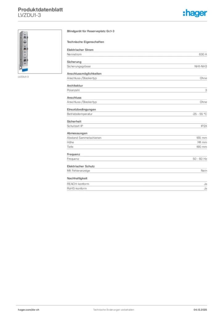 Bild Hager Produktdatenblatt LVZDU1-3 | Hager Schweiz