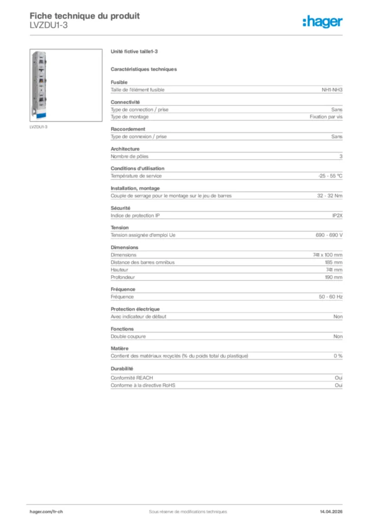 Image Hager Fiche technique du produit LVZDU1-3 | Hager Suisse