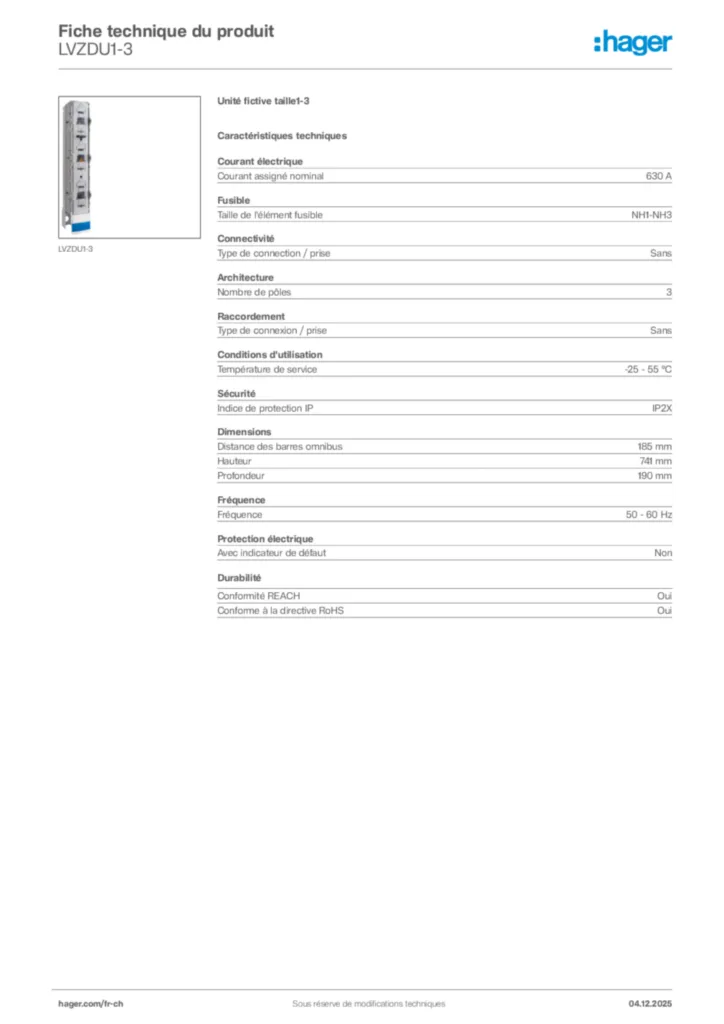 Image Hager Fiche technique du produit LVZDU1-3 | Hager Suisse