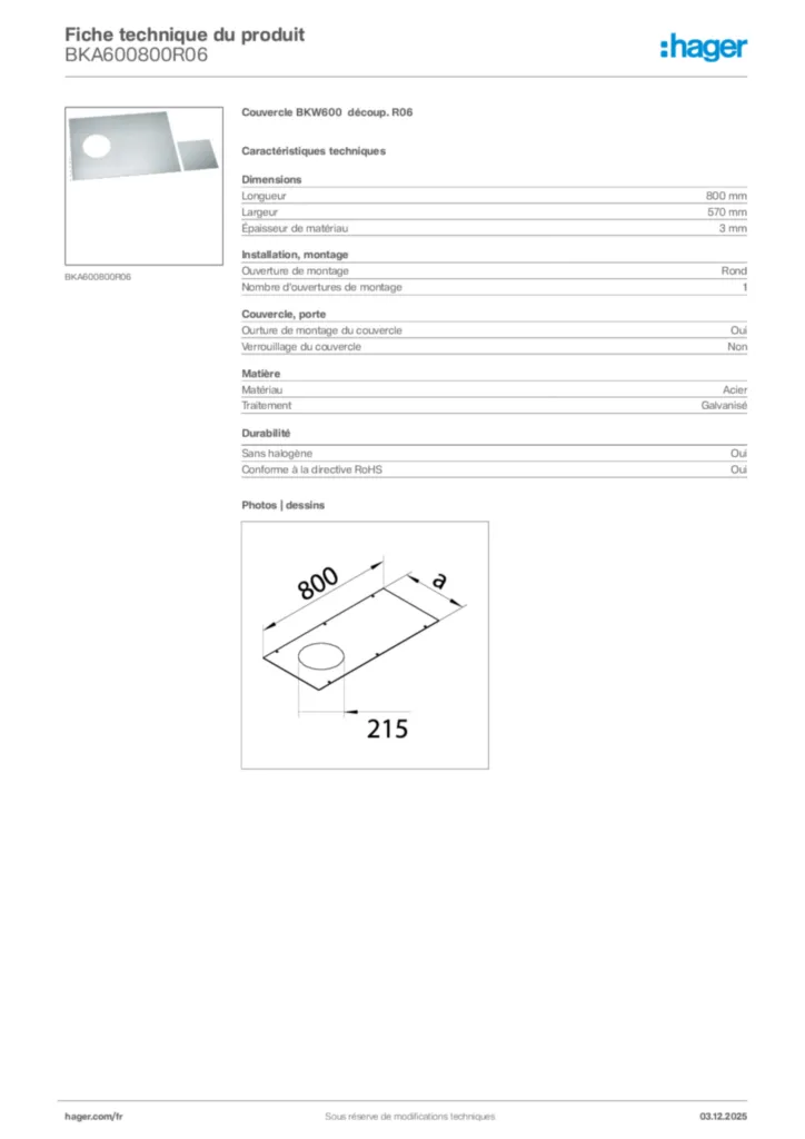 Image Hager Fiche technique du produit BKA600800R06 | Hager France