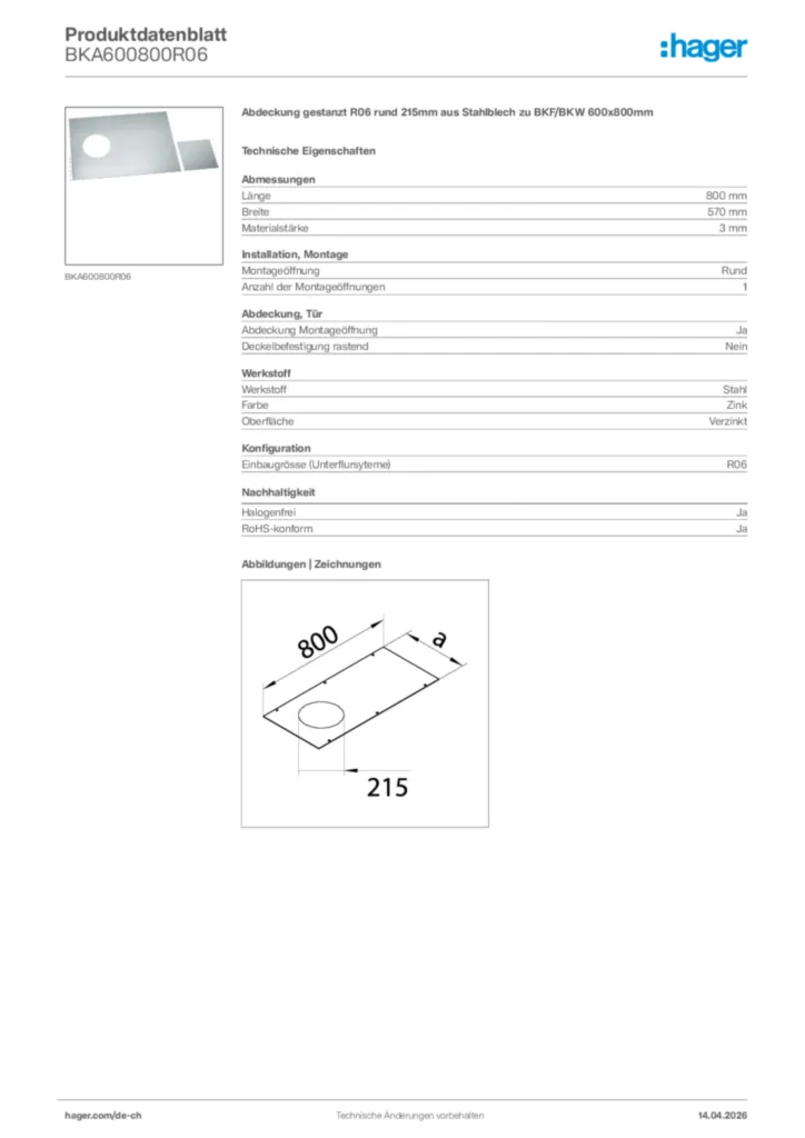 Bild Hager Produktdatenblatt BKA600800R06 | Hager Schweiz