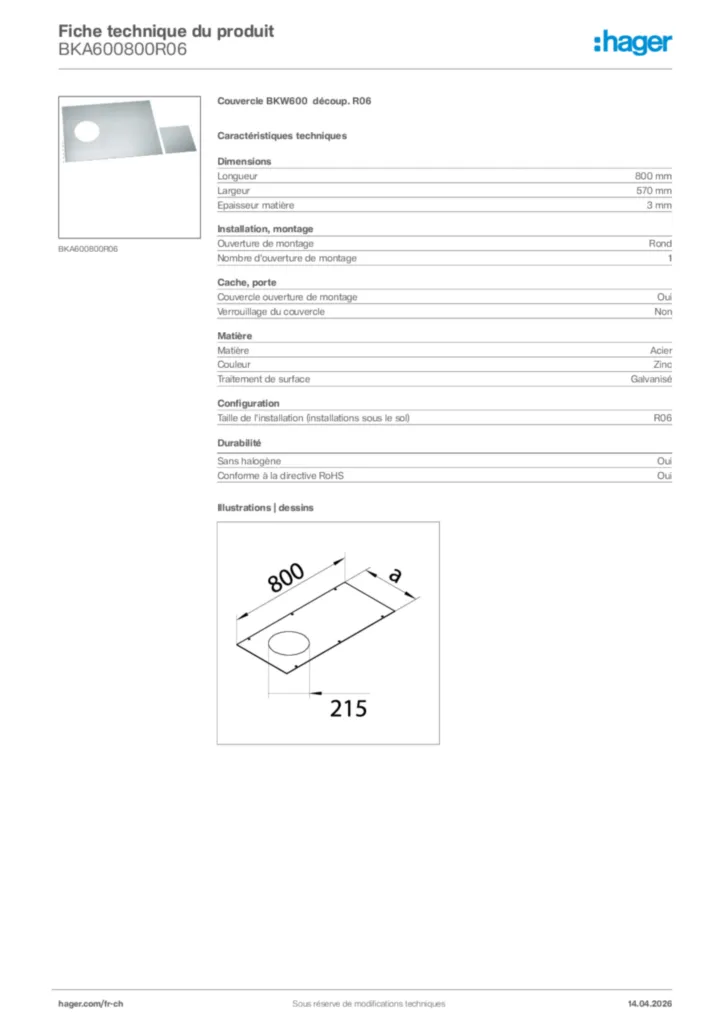 Image Hager Fiche technique du produit BKA600800R06 | Hager Suisse
