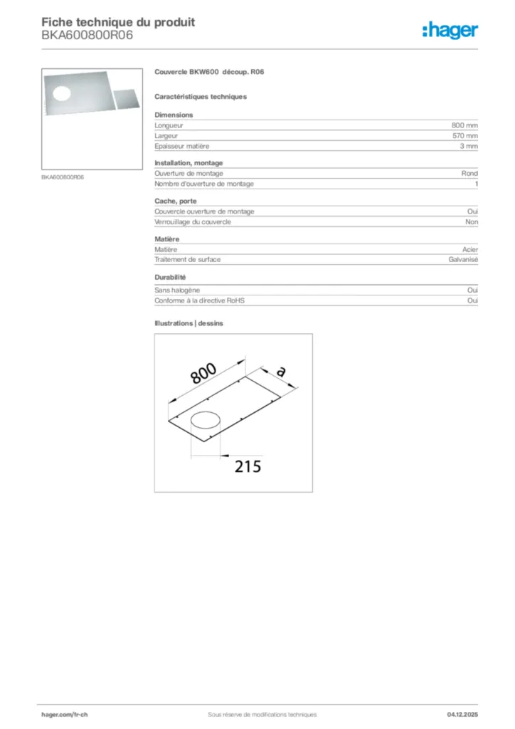 Image Hager Fiche technique du produit BKA600800R06 | Hager Suisse