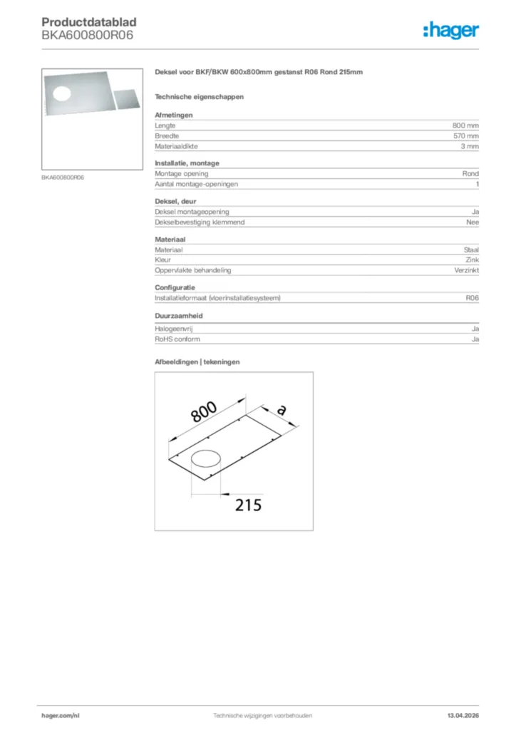 Afbeelding Hager Productdatablad BKA600800R06 | Hager Nederland