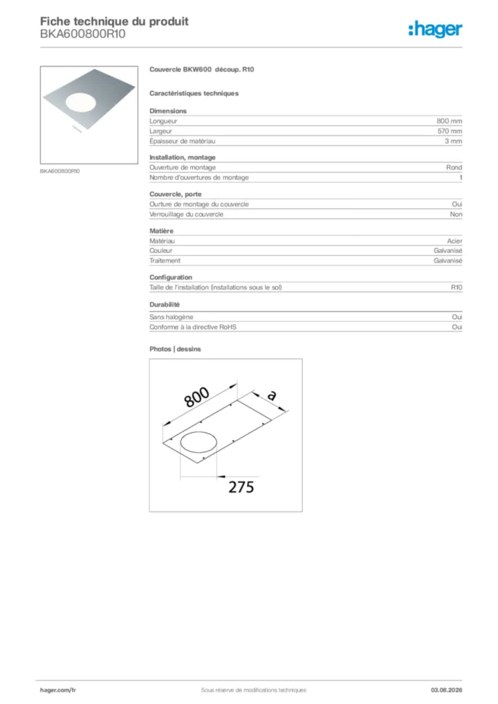 Image Hager Fiche technique du produit BKA600800R10 | Hager France