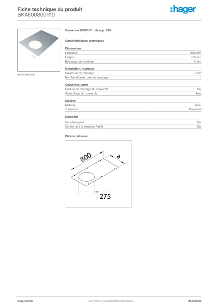 Image Hager Fiche technique du produit BKA600800R10 | Hager France