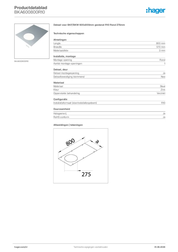 Afbeelding Hager Productdatablad BKA600800R10 | Hager Nederland
