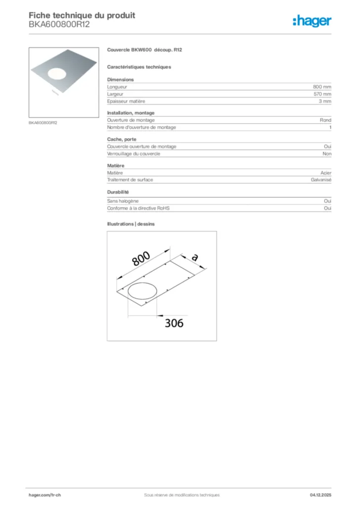Image Hager Fiche technique du produit BKA600800R12 | Hager Suisse