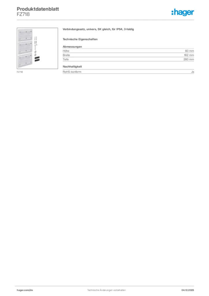 Bild Hager Produktdatenblatt FZ718 | Hager Deutschland