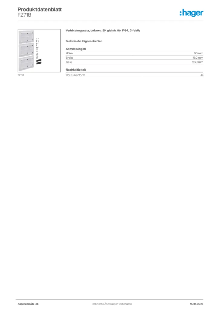 Bild Hager Produktdatenblatt FZ718 | Hager Schweiz