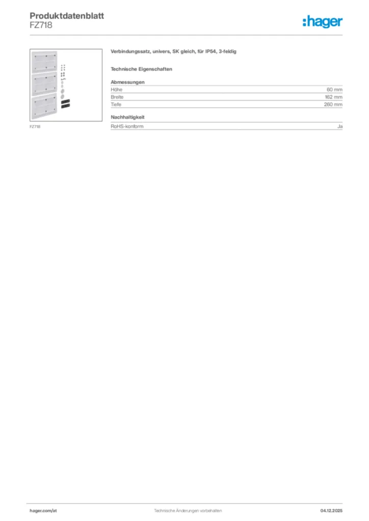 Bild Hager Produktdatenblatt FZ718 | Hager Deutschland