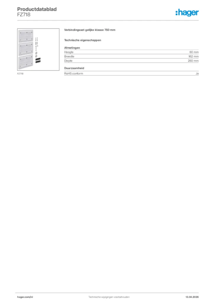 Afbeelding Hager Productdatablad FZ718 | Hager Nederland