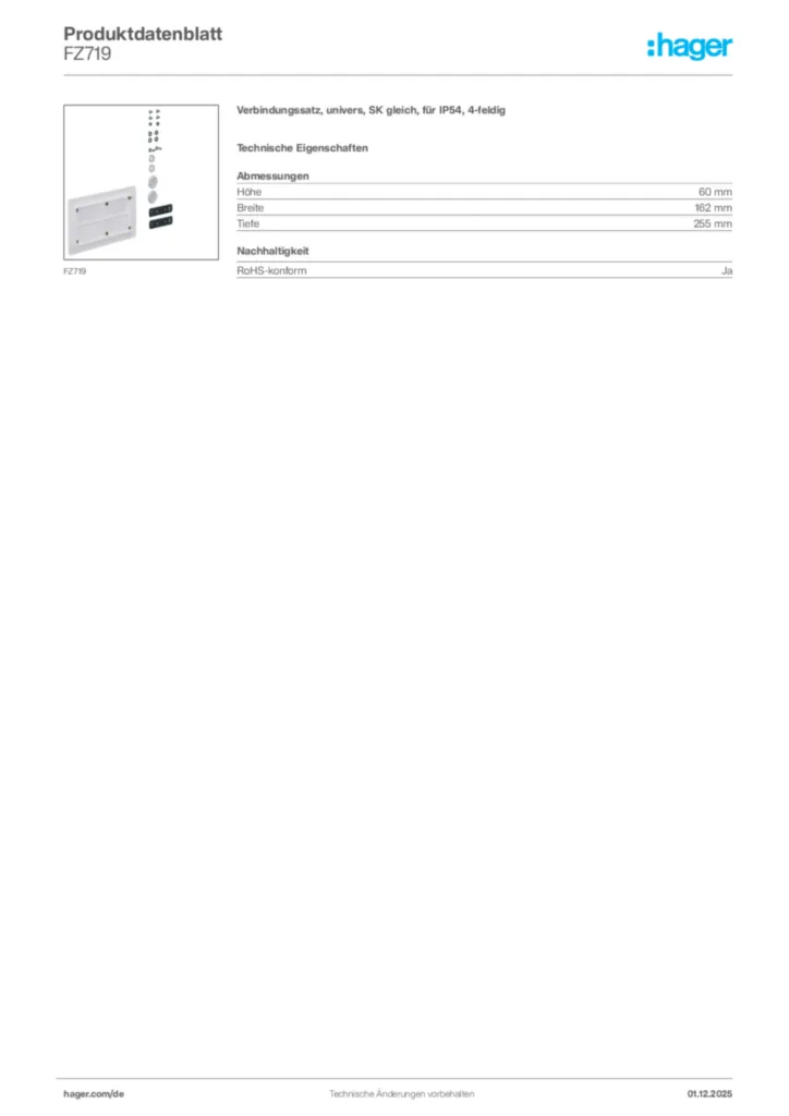 Bild Hager Produktdatenblatt FZ719 | Hager Deutschland