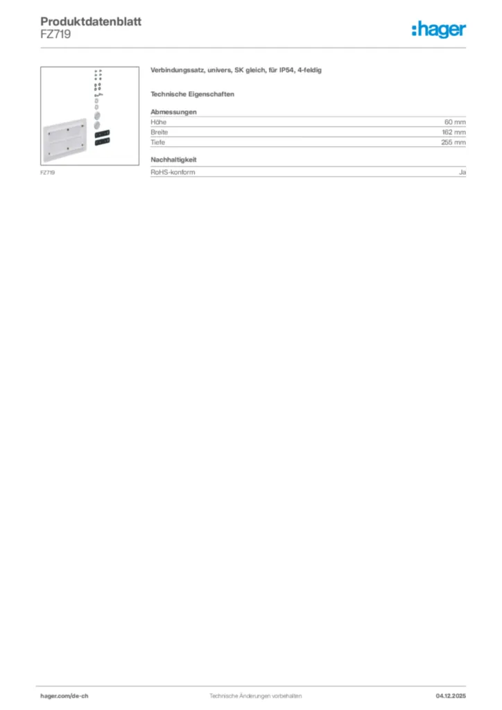 Bild Hager Produktdatenblatt FZ719 | Hager Schweiz