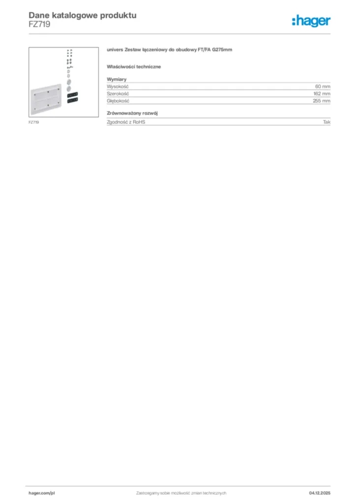 Zdjęcie Hager Dane katalogowe produktu FZ719 | Hager Polska
