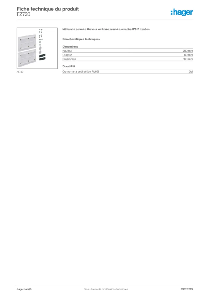 Image Hager Fiche technique du produit FZ720 | Hager France