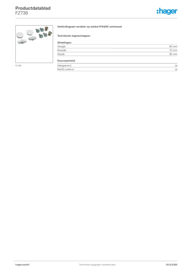 Afbeelding Hager Productdatablad FZ738 | Hager Nederland